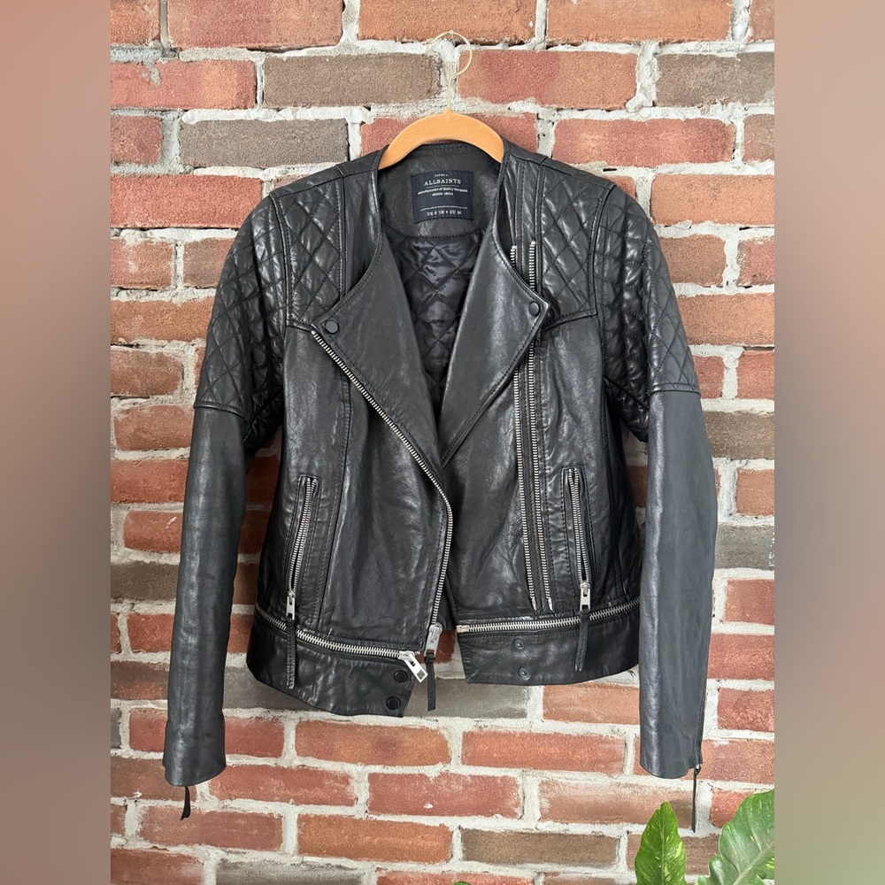 All Saints Quilted Black Leather Jacket